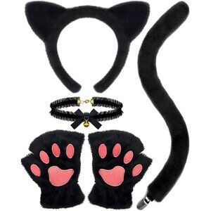 Black Cat Costume Accessories Set Includes Ears Tail Paws Gloves Choker for Wome